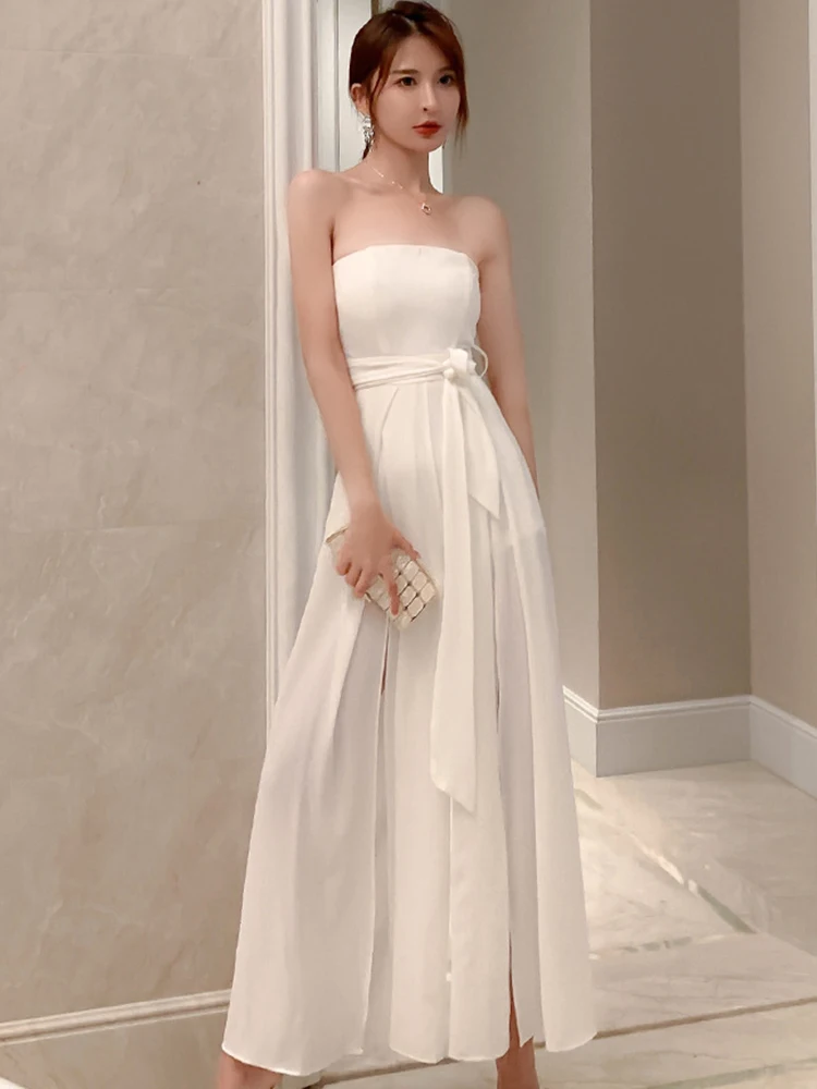 High Quality Summer Chiffon Women Jumpsuits Chic White Sexy Chest Wrapped Slit Beach Party Mujer Wide Leg Loose Pants Rompers