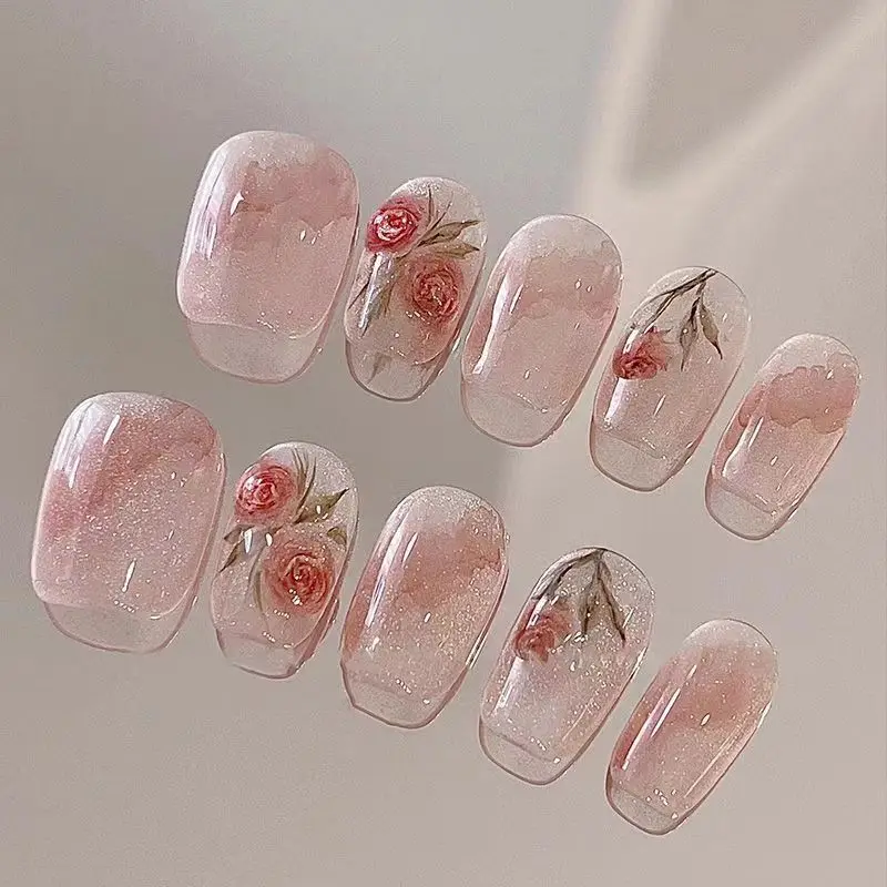 

10pcs Lovely Rose Flowers Design False Pink Art Short Fake Nails Tips Full Cover Reusable Adhesive Press On Decorated Nail