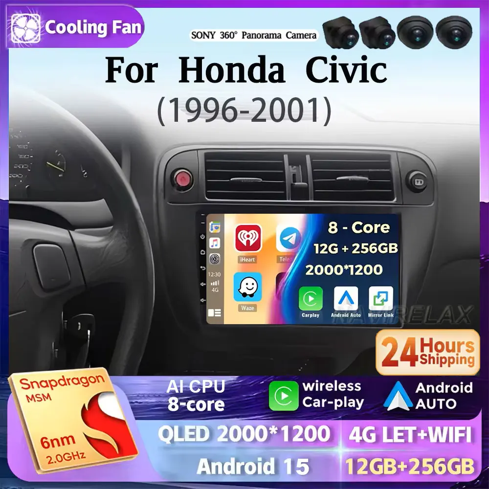 أندرويد 15 Carplay السيارات لهوندا سيفيك 1996 1997 1998 1999 2000 2001 الوسائط المتعددة راديو السيارة لاعب 4G ستيريو 2 الدين مسجل شرائط #1