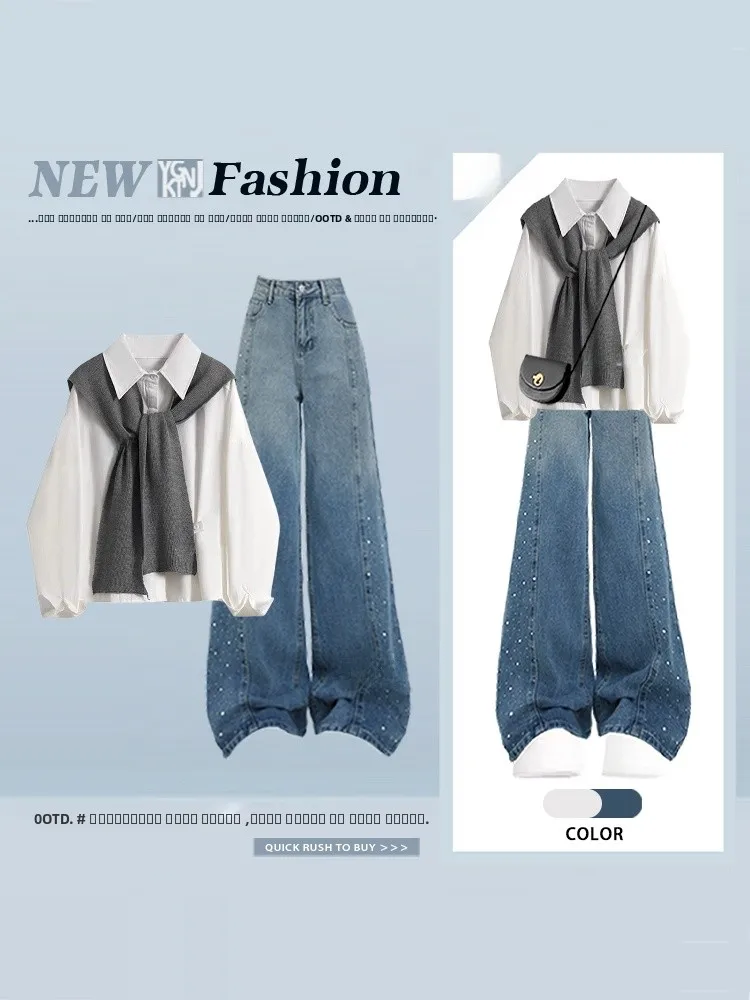 

Korean College Sle plus Size White irt Top with awl adient Diamond Embellied Wide Leg Jeans Two Piece Set