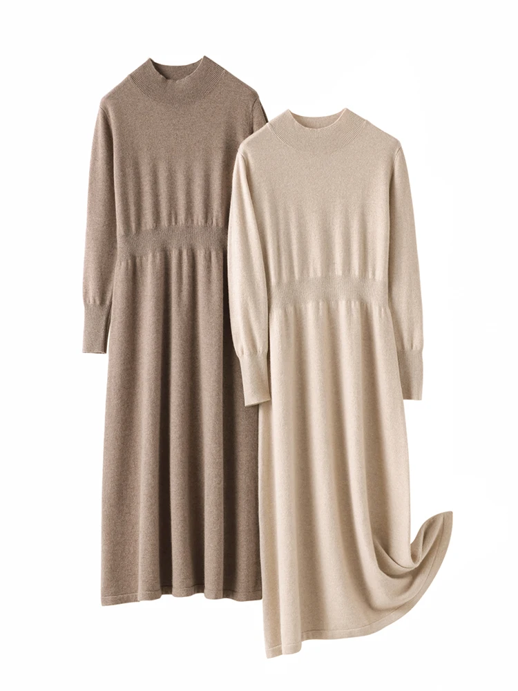 Autumn Winter French Style Cashmere Dress Knee-Length A- Line Inner Match Coat Waist-Inning Mid-Length Base Sweater Long Dress