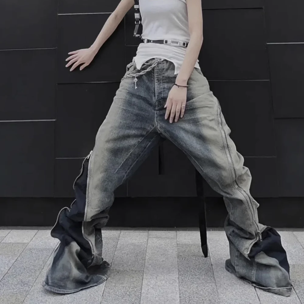 Ro Style Gradient Blue Horn Stacked Floor Dragging Jeans Unisex Streetwear Baggy Y2K Ribbons Zipper Denim Trousers Oversized