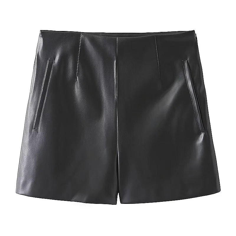 

Women Autumn Fashion Pu Black Pockets Shorts Vintage Winter High Waist Faux Leather Office Lady Female Pantalones Cortos Mujer