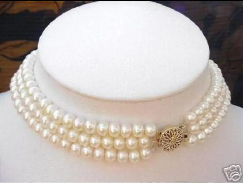 

Real charming south 3Strand 7-8MM natural White Pearl Choker Necklace 16"17"18"