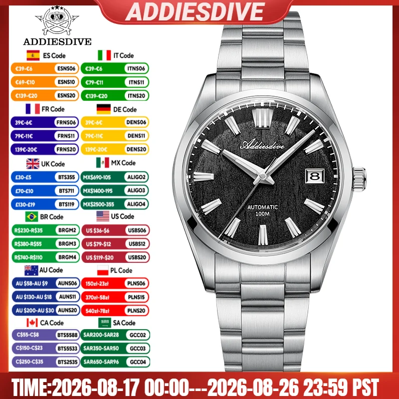 ADDIESDIVE Top Marke Automatische Uhr Für Männer Saphirglas Einzigartige Rinde Textur Wasserdicht Leucht Mechanische Uhr Neue AD2075
