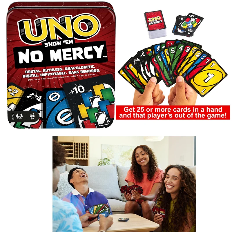 UNO-Jeu de cartes No Mercy avec boîte en fer, jeu de société pour enfants, soirée en famille avec cartes supplémentaires, règles spéciales, plus robuste, stylo spécialisé