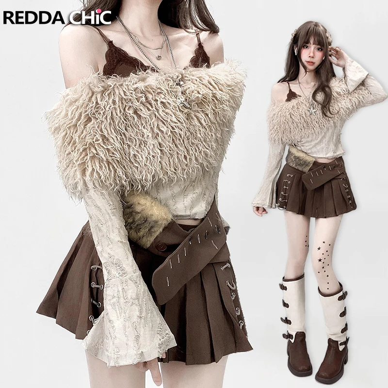 REDDACHiC Women's Top Two-piece Set Shelf Bra Knit V-neck Camisole Destroyed Fuzzy Off Shoulder T-shirt Gyaru Y2k Fall Clothes