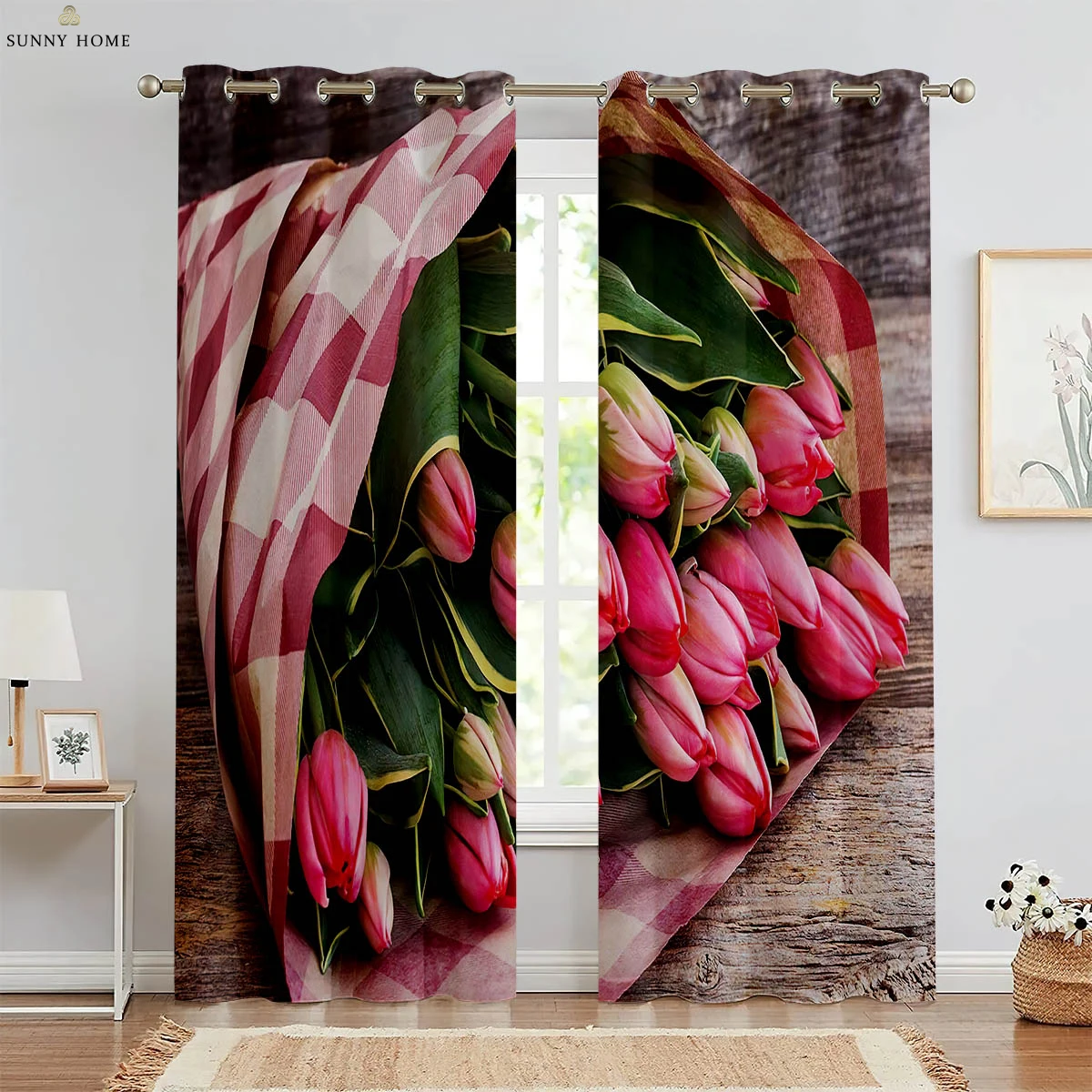 

2pcs Tulip Wood Grain Floral Country Style 3D Printed Curtains Polyester Bedroom Living Room Kitchen Decorative Curtains