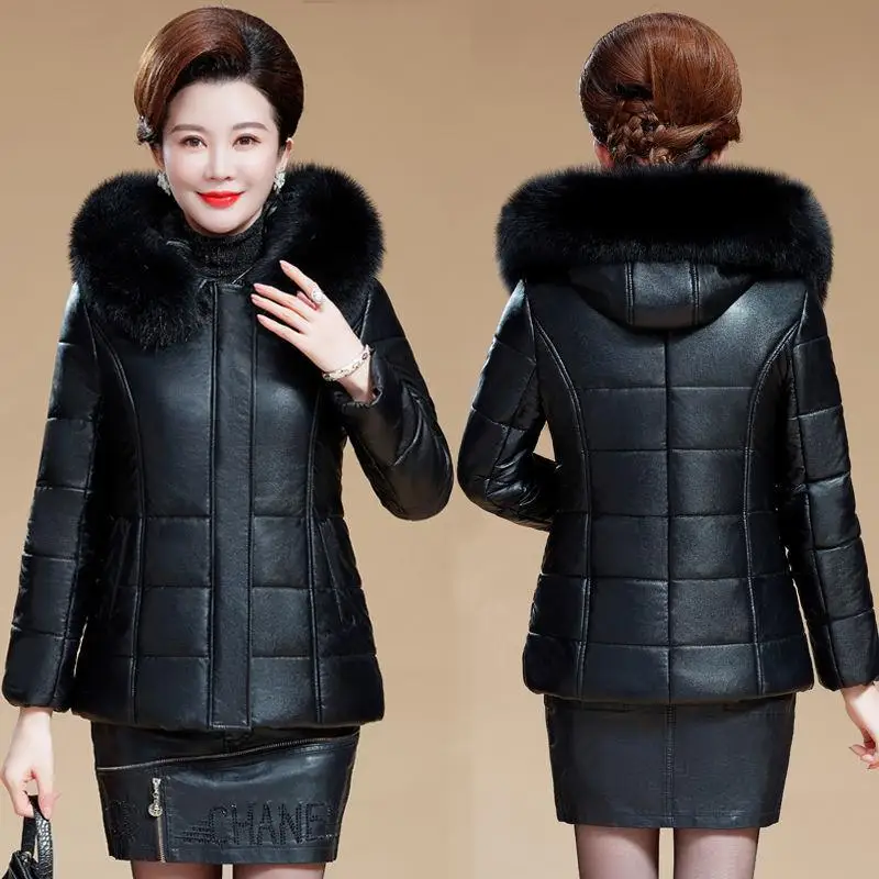 

Winter New Sle Women's ort Thiened Leather Cotton Jaet Coat Large Size Middle-Aged Mommy Clothes Warm Fce Lined