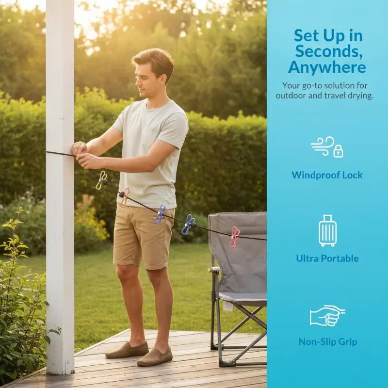 Travel Clothesline 1.8m 12 Windproof Clips Non-Slip Hanger Easy To Move Portable Travel Clothesline With Clips