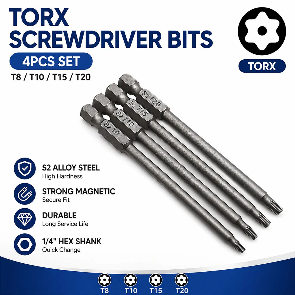 4pcs Magnetic Screwdriver Bits 100mm Alloy Steel 1/4 Hex Shank Long Screwdriver Bits For Torx Cross Slotted Hex Head Slotted Tip image 5
