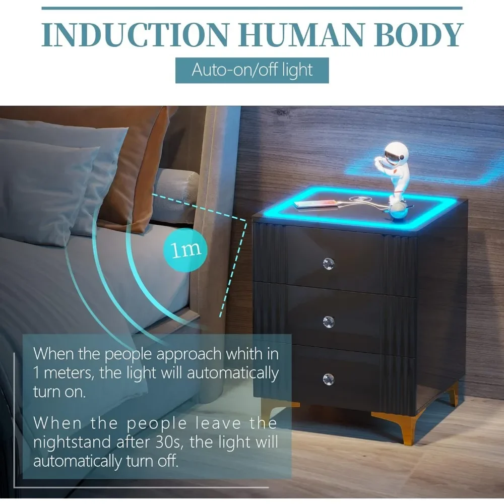 Nachtkastje Met Draadloos Laadstation, Slimme Gloss Nachtstandaard Met 3 Kleuren Dimbaar Automatisch Sensorlicht, Modern Nachtkastje