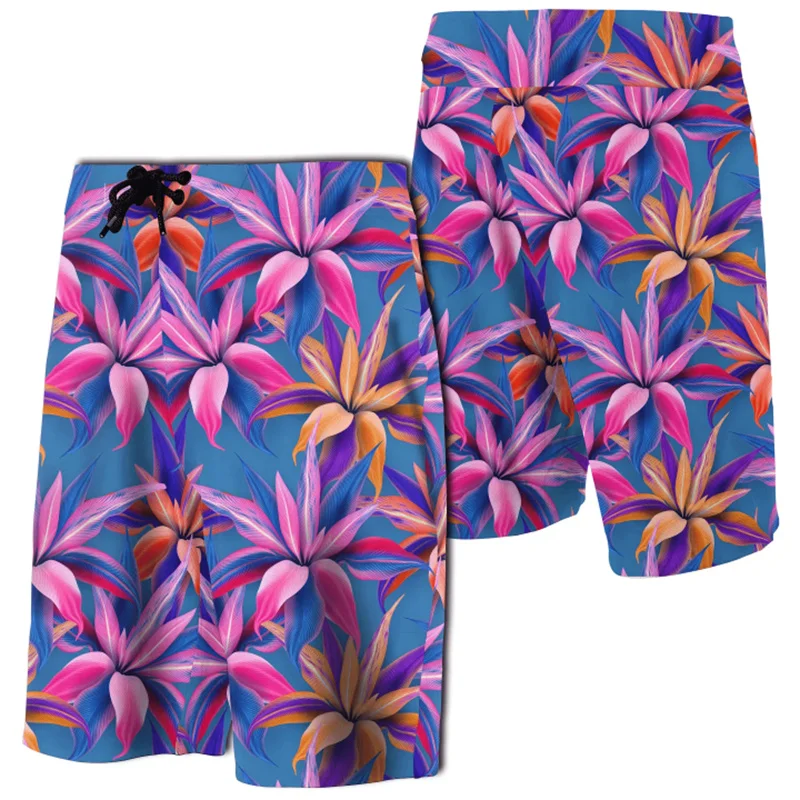 Short de plage imprimé 3D pour hommes et femmes, short de bain hawaïen, flamants roses et plantes tropicales, maillot de bain de planche, pantalon court pour enfants, nouveau, 2024