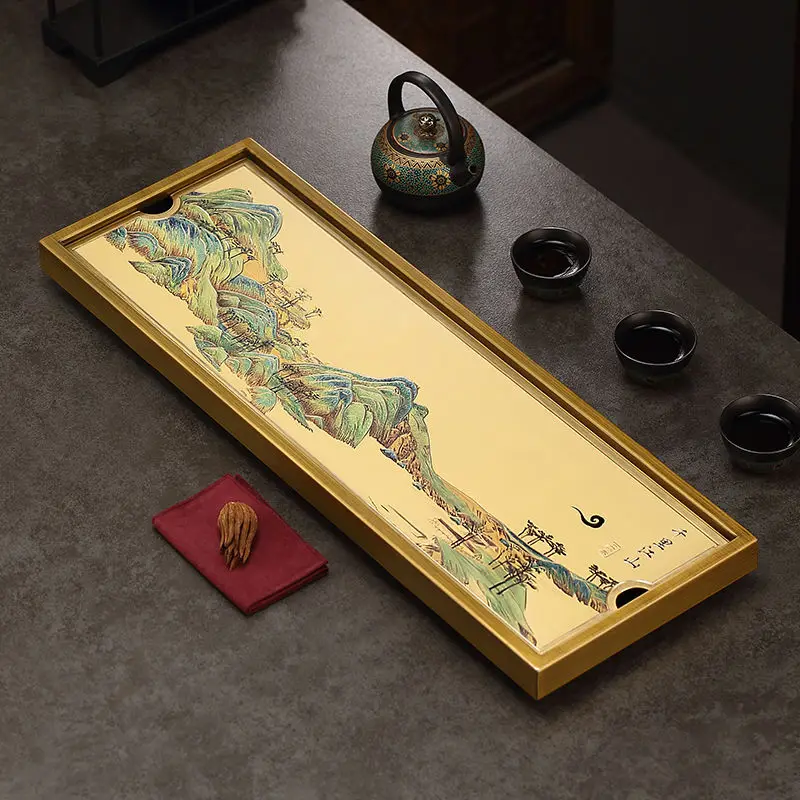 Pure copper painted tea tray rectangular drain tea tray high-end light luxury