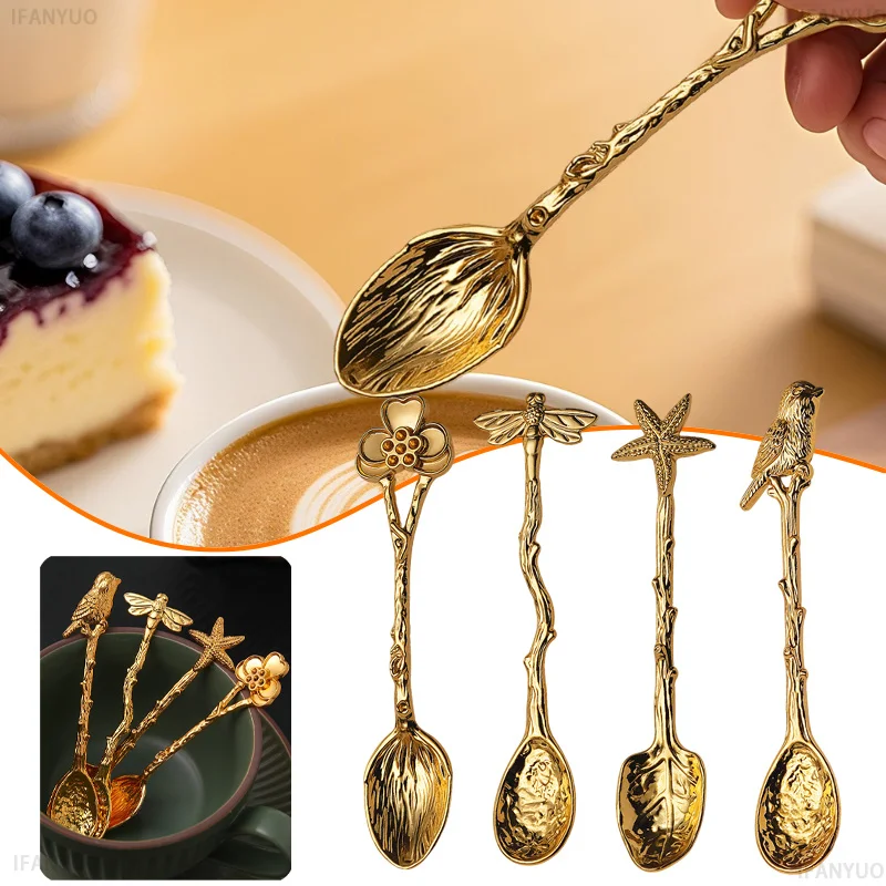 Retro Metal Coffee Spoon Dragonfly Branches Leaves Shape Cake Dessert Milk Mixing Spoons Table Decor Kitchen Gadgets Tableware