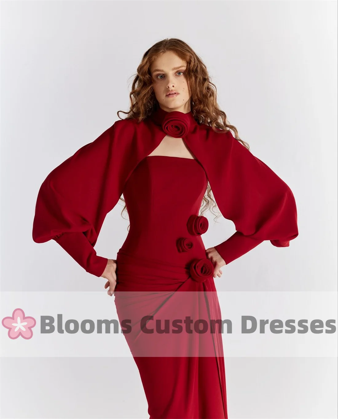 Blooms Strapless Flowers Mermaid Customized Evening Dress For Special Occasion Long Sleeves Shawl Party Gown Crepe Prom Dresses