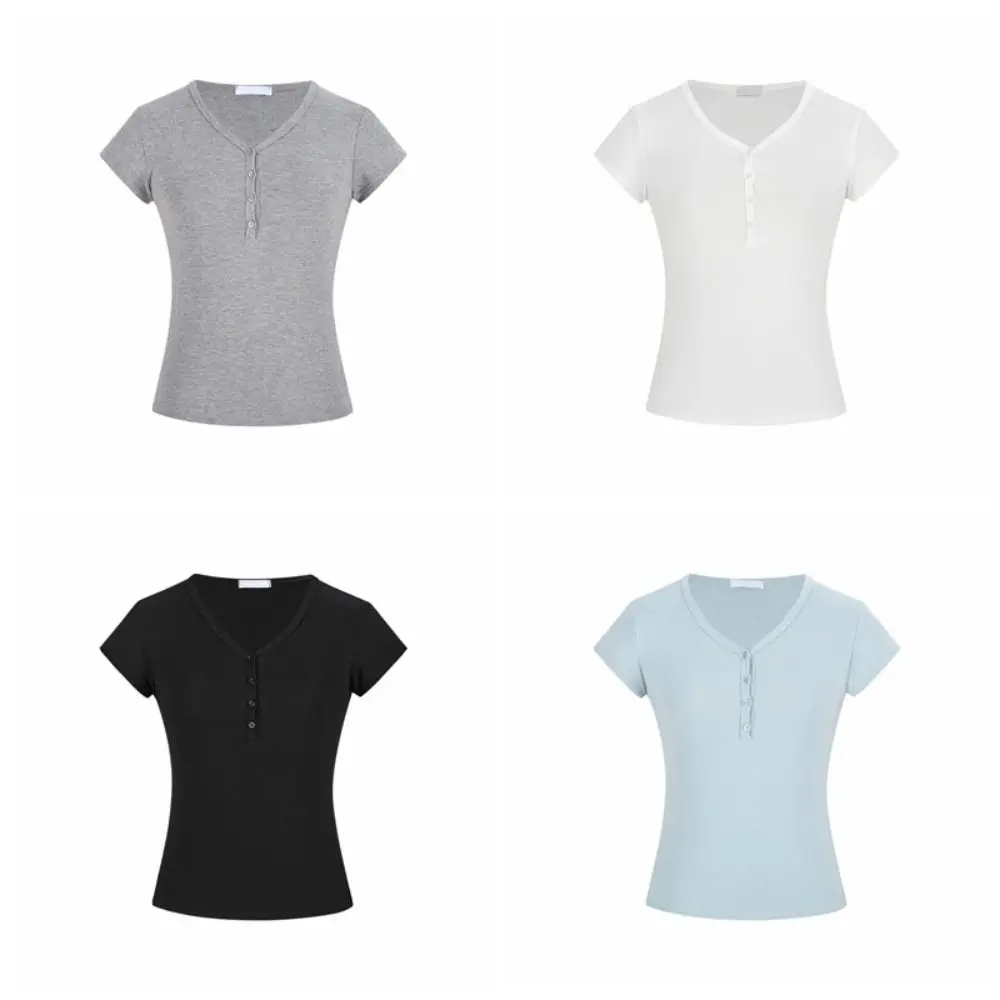 Retro fino ajuste manga curta camiseta botão chique colheita topo feminino simples cor sólida com decote em v camisetas topo streetwear