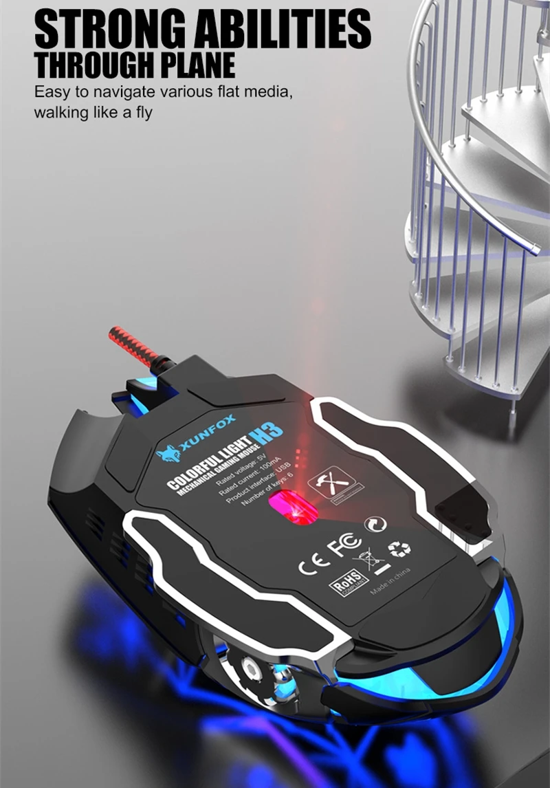 Gaming Mouse RGB Lighting Wired Gamer Mouse 6 Keys 4 Level 3600 DPI Adjustable Fast Accurate Click H3 Multimedia Side Keys Ergon