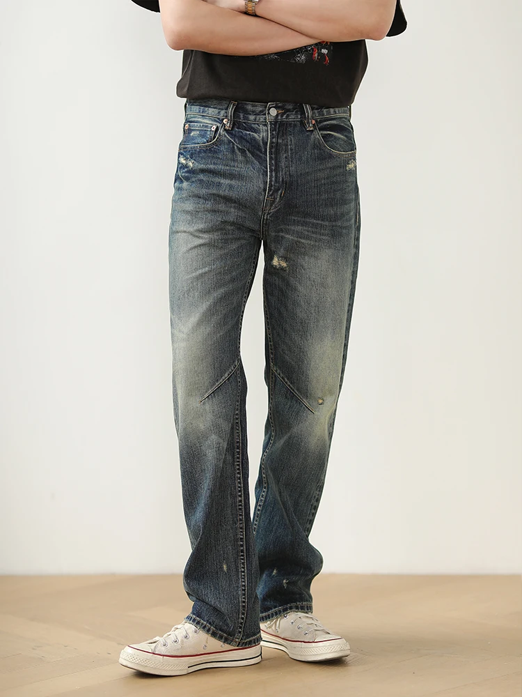 

Прочные джинсы прямого кроя с эффектом потертости, цвет индиго, американский ретро-стиль, из хлопкового денима, узкая посадка, Mbbcar, молодежная повседневная одежда