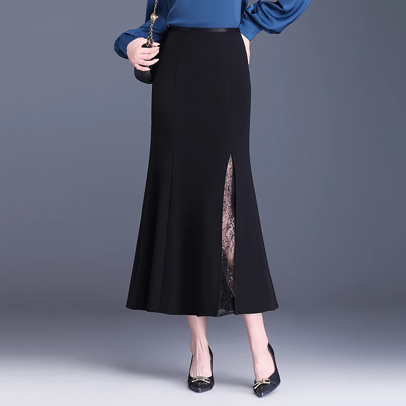 ZUZK Women All-match Black Long Mermaid Skirt Spring Summer High Waist Lace Patchwork Ruffles Mermaid Black Skirt Slim Female