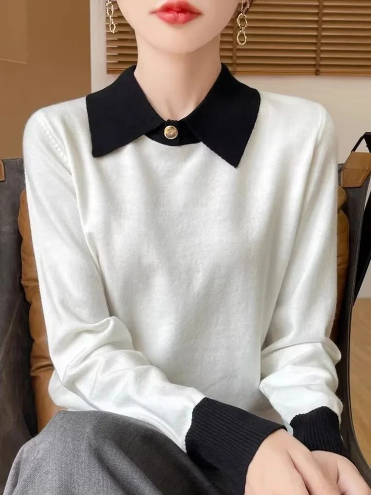 

Elegant Collar Knitted Sweater Women's Autumn Winter Outerwear Fashionable Color Block Ladies Base Layer Top