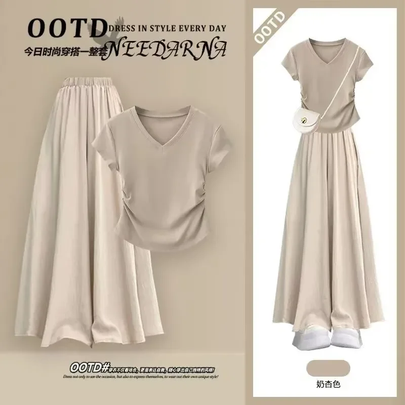 Roupa de verão terno para mulher 2025 novo coreano fino camiseta de manga curta com saias soltas de perna larga e calças conjunto de duas peças