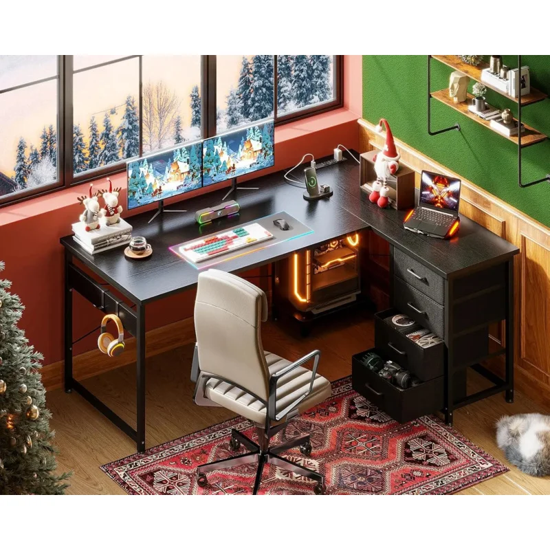 L Shaped Gaming Desk with 4 Drawers, 53 Reversible Home Office Desks Power Outlets, L  Computer USB Chargi