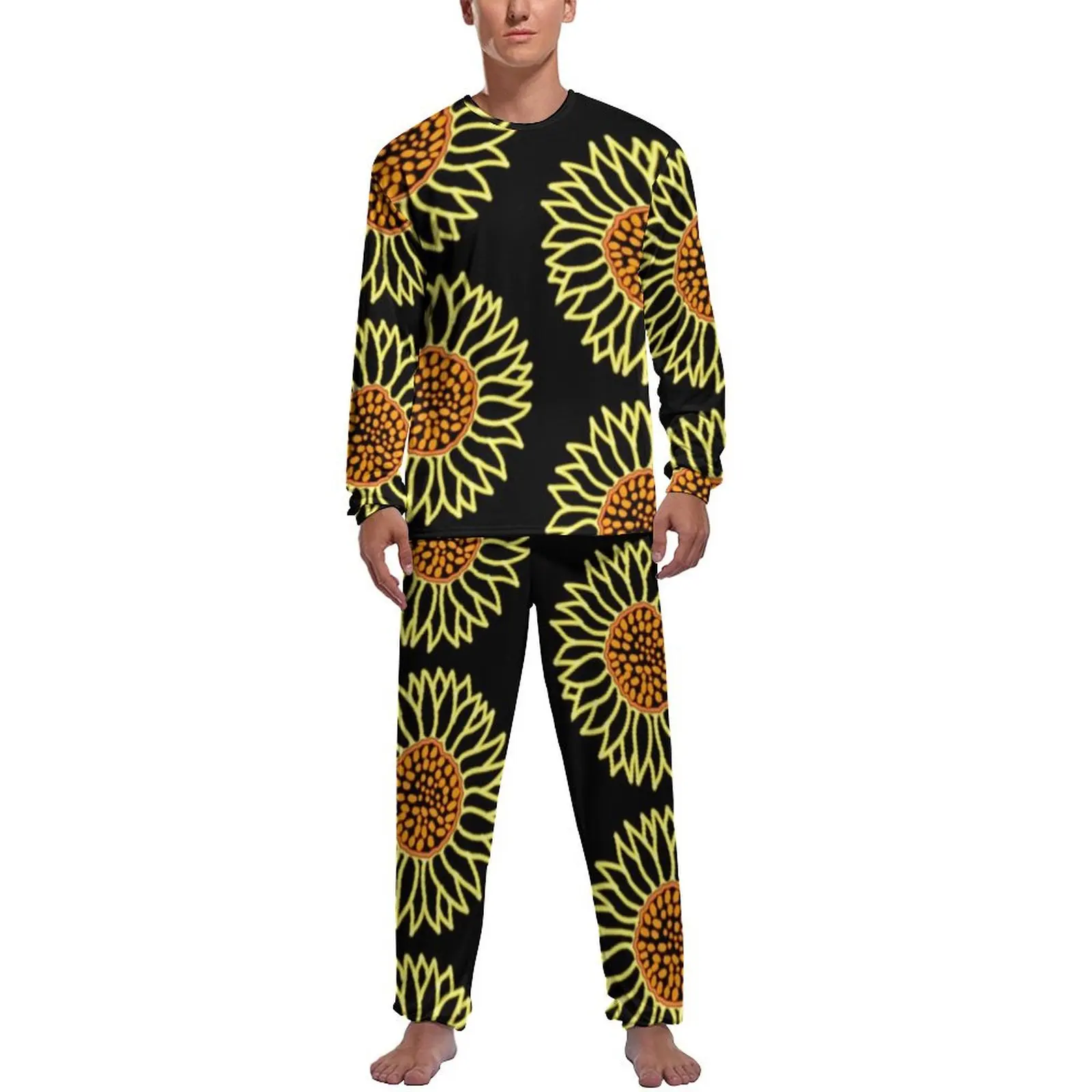 

Yellow Sunflower Pajamas Winter Floral Pattern Print Aesthetic Nightwear Men 2 Pieces Design Long Sleeve Kawaii Pajama Sets