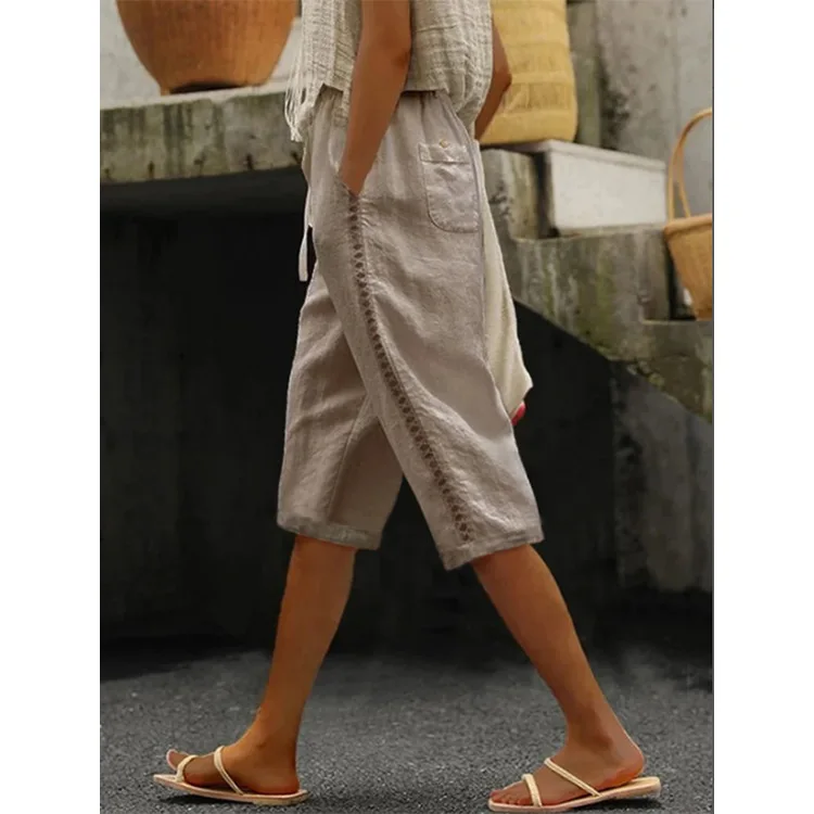 Women's Solid Color Drawstring Waist Side Stitch Decor Pocket Loose Casual Cropped Capri Pants Soft Breathable Outdoor Trousers