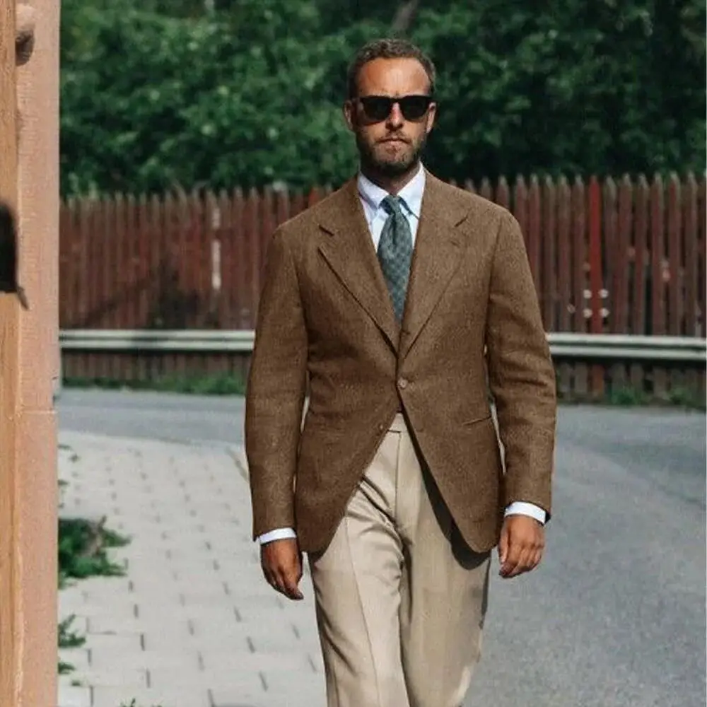 

1 Piece Dark Brown Business Suits Blazer Men Herringbone Notch Lapel Tuxedo Jacket Wedding Prom Party Grooms Blazer One Coat