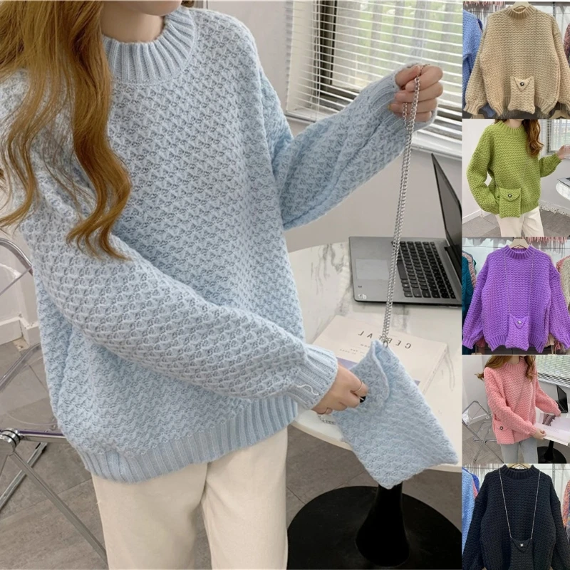 

Women Pullover Sweater Long Sleeve Round Neck Solid Color Knitwear Pullover Top P8DB