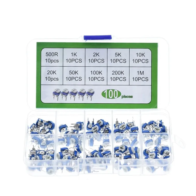 100PCS RM065 Blue And White Adjustable Resistor Boxed Kit 500R/1K/2K/5K/10K/20K/50K/100K/200K 10 Specifications Each