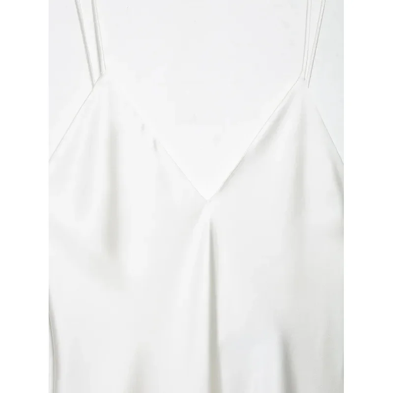 Retro Casual ärmelloses langes Kleid mit V-Ausschnitt für Damen, weißes Seidensatin-Hosenträger-Design, modisches Party-Sommer-Abendkleid