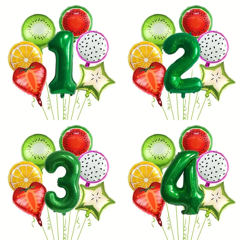 7 Uds. Globo temático de fruta de verano 32 pulgadas número verde decoración de fiesta de cumpleaños globo de papel de aluminio sandía fresa