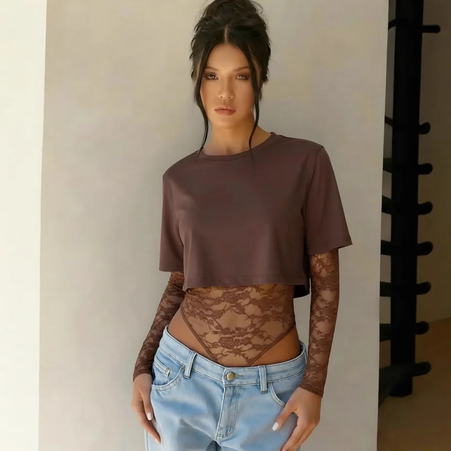 2026 Summer Fashion Temperament One-piece Solid Color Waist Exposed Slim Lace Splicing Short-sleeved Top