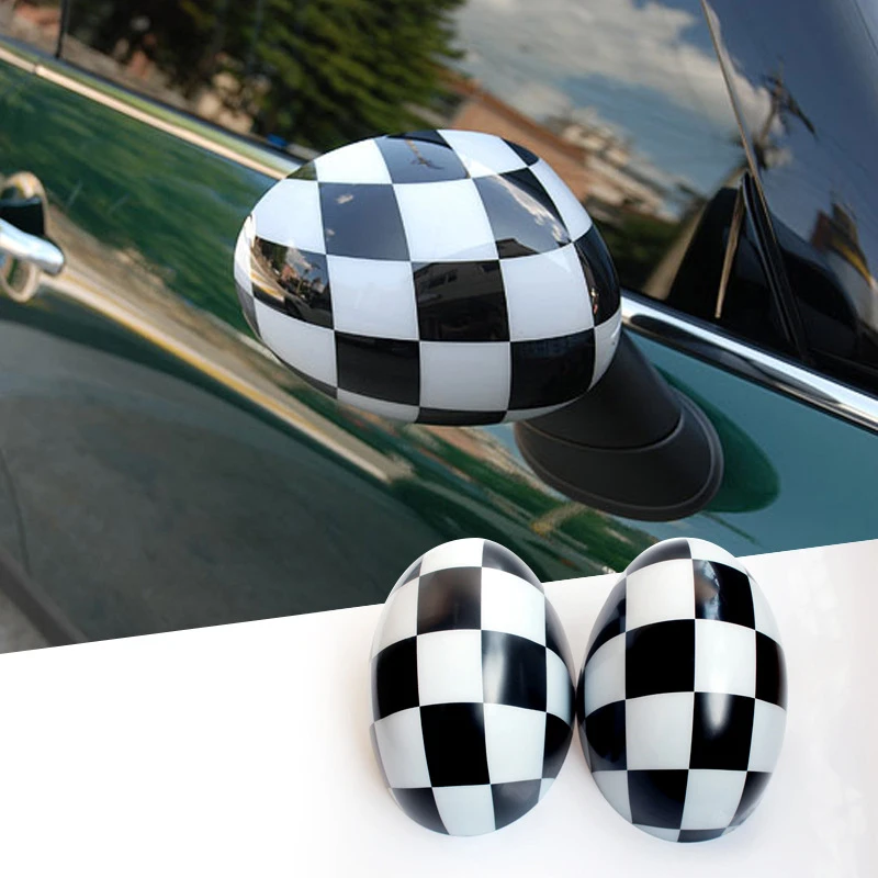 Car Checkered Mirror Caps Covers for BMW MINI Cooper R55 R56 R57 with Auto Powerfolding Mirrors Only