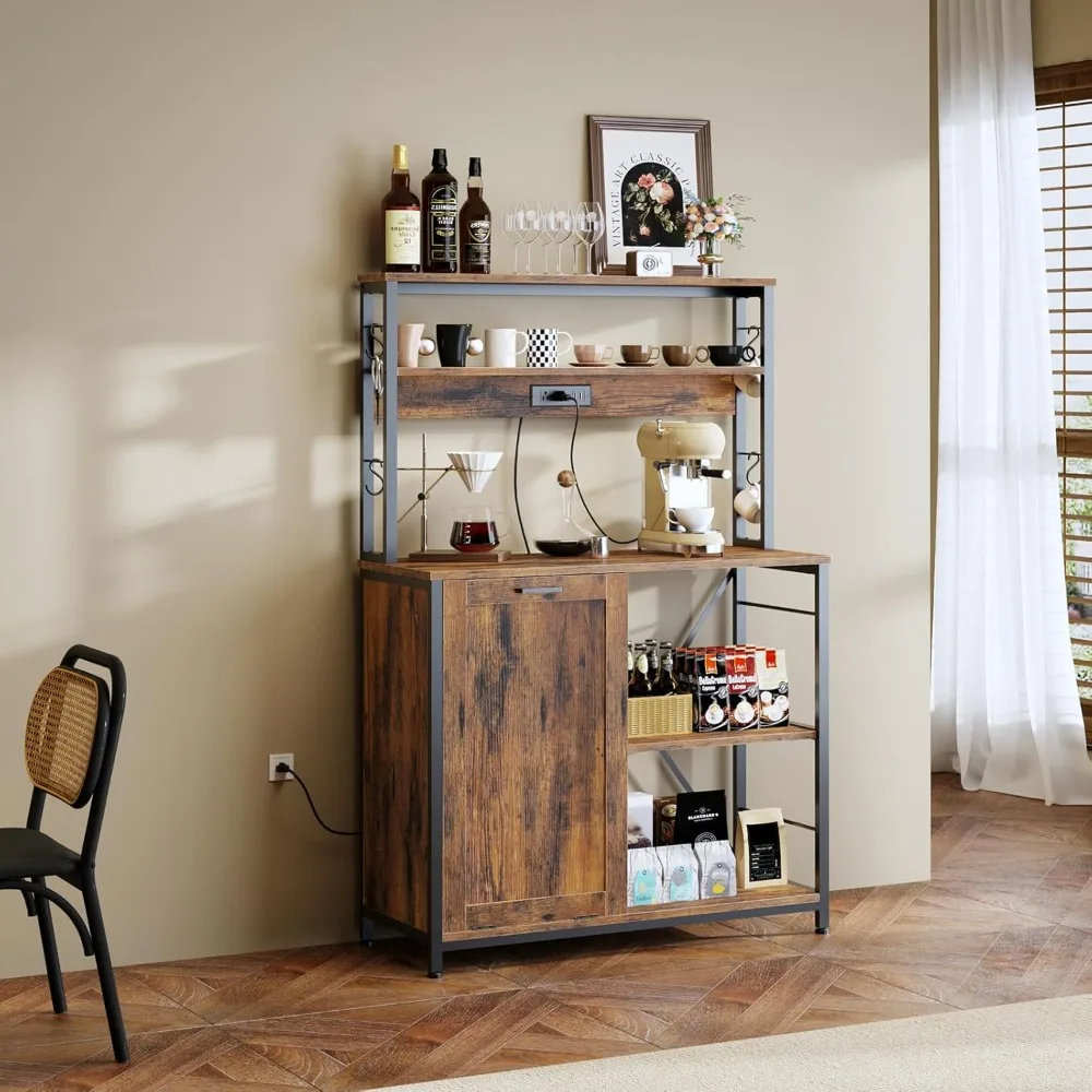 Baking Rack, Microwave Rack with Trash Can Cabinet, 5-tier Kitchen Storage Cabinet with Power Outlet, Tall Coffee Bar Table