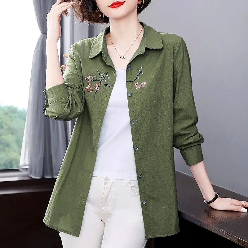 Spring Autumn New Elegant Fashion Long Sleeve Shirt Women High Street Loose Casual Cardigan Embroidered Pure Cotton Blouses Tops