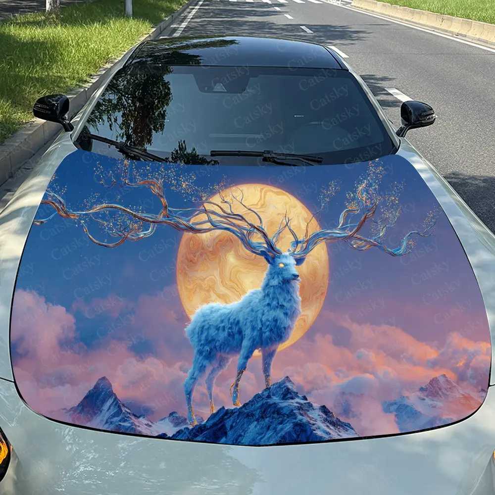 

Phantom Blue Divine Deer Car Vinyl Wrap, PVC Waterproof Car Hood Sticker, Self-Adhesive Scratch-Resistant Stickers