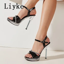 Liyke 2024 New Fashion Crystal Narrow Band Open Toe Silver Sandals Women Wedding Banquet Shoes Platform High Heels Sandalias