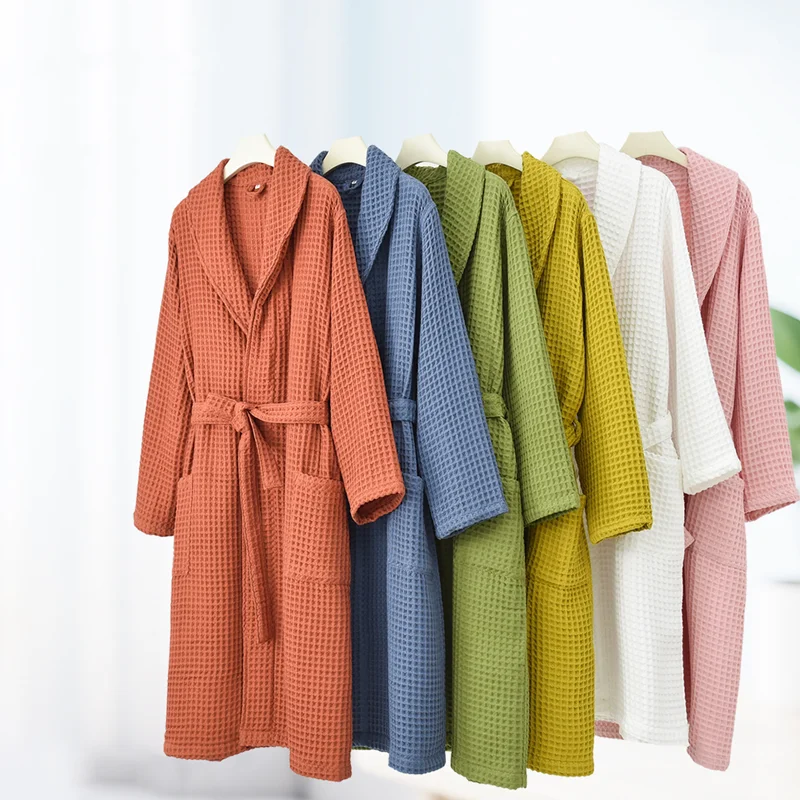 

100% хлопок, вафельный халат, женский летний халат, одежда для сна, банный халат невесты с длинными рукавами, кимоно, мужской повседневный домашний халат, пижама