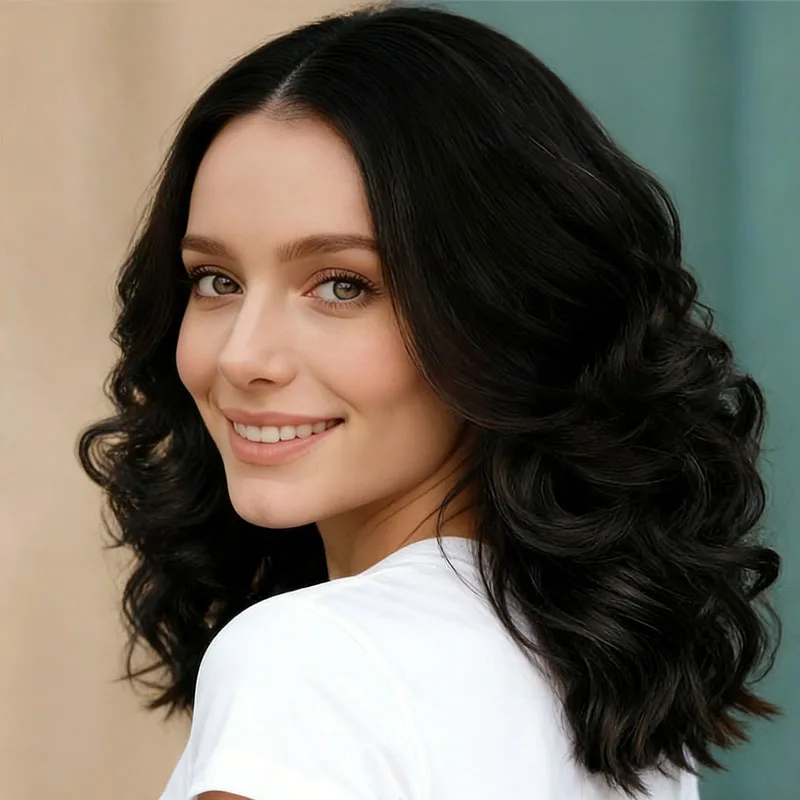 Synthetic 20 inch black wave women's wig, fashionable, smooth, and smooth, suitable for cosplay dress up, trendy wig