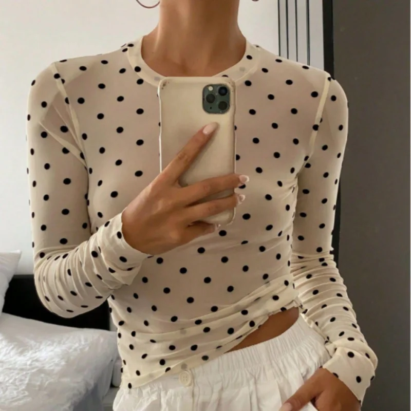 Mesh Long Sleeves T-shirt For Women Dot Printed Round Neck Spring Autumn New Sexy See Through Slim Fit Top Y2k Cutecore Clothes