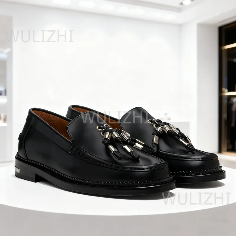 

Burgundy Leather Business Flat Loafers for Men New Tassel Black Metal Buckle Mules Casual Solid Autumn Work Party Shoes