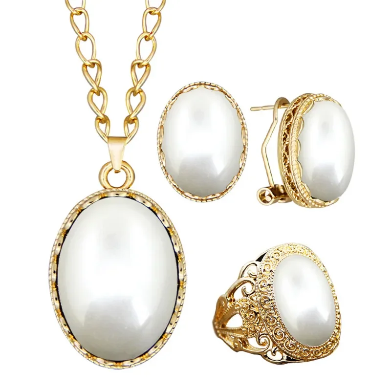 

Oval Synthetic Pearl Necklace Earring Ring Jewelry Set For Women Gold Color Fashion Women Sets