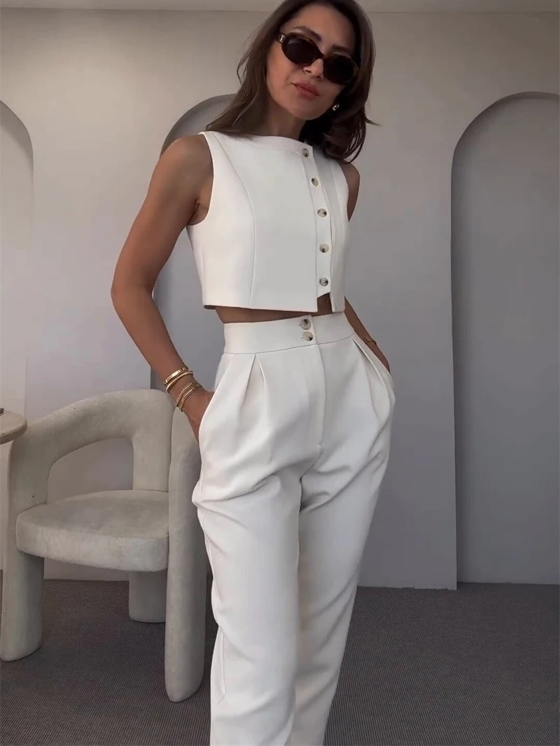Chic Office Ladies Two Piece Set Sleeveless Single Breasted Crop Tops High Waist Pencil Capri Pants Suits Women Summer Outfits