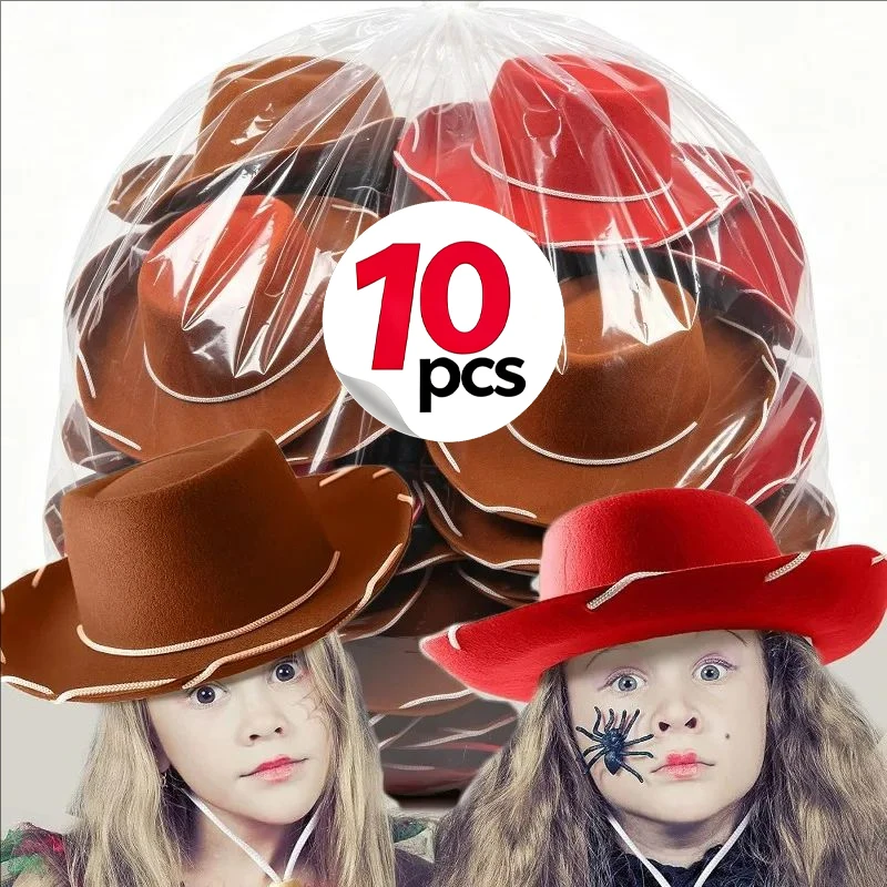 10pcs Brown Red Felt Woody Cowboy Hat for Children Adjustable Western Big Brimmed Cowboy Cap Outdoor Sports Climbing Wilderness