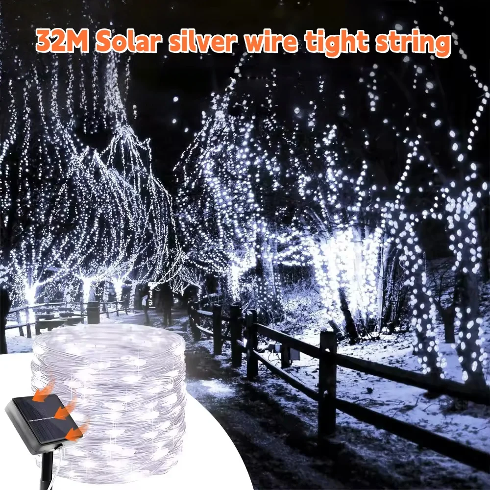 32M Solar LED Fairy Lights – Outdoor Christmas Lights with 8 Modes, Silver Wire, Waterproof – Garden, Tree and Patio Decor