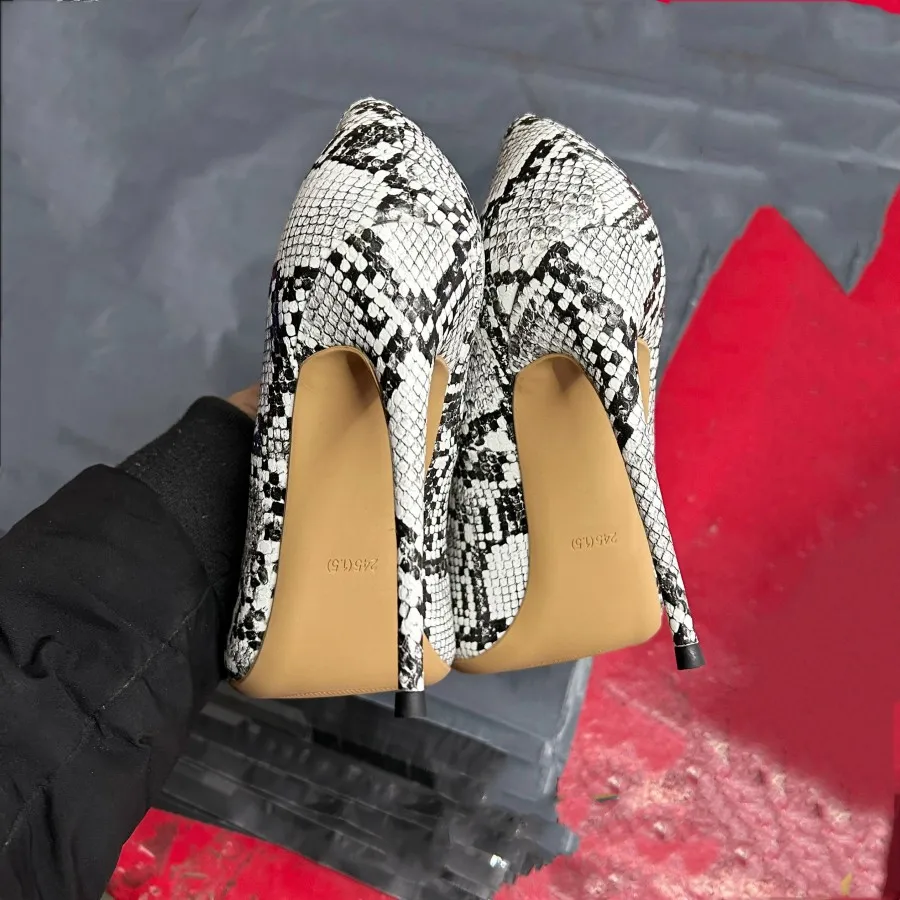 مثير ماتي المتطرفة عالية الكعب 12 سنتيمتر امرأة جلد الثعبان مدبب تو مضخات سيدة أنيقة مريحة الضحلة الخناجر فستان الحفلات الأحذية #4