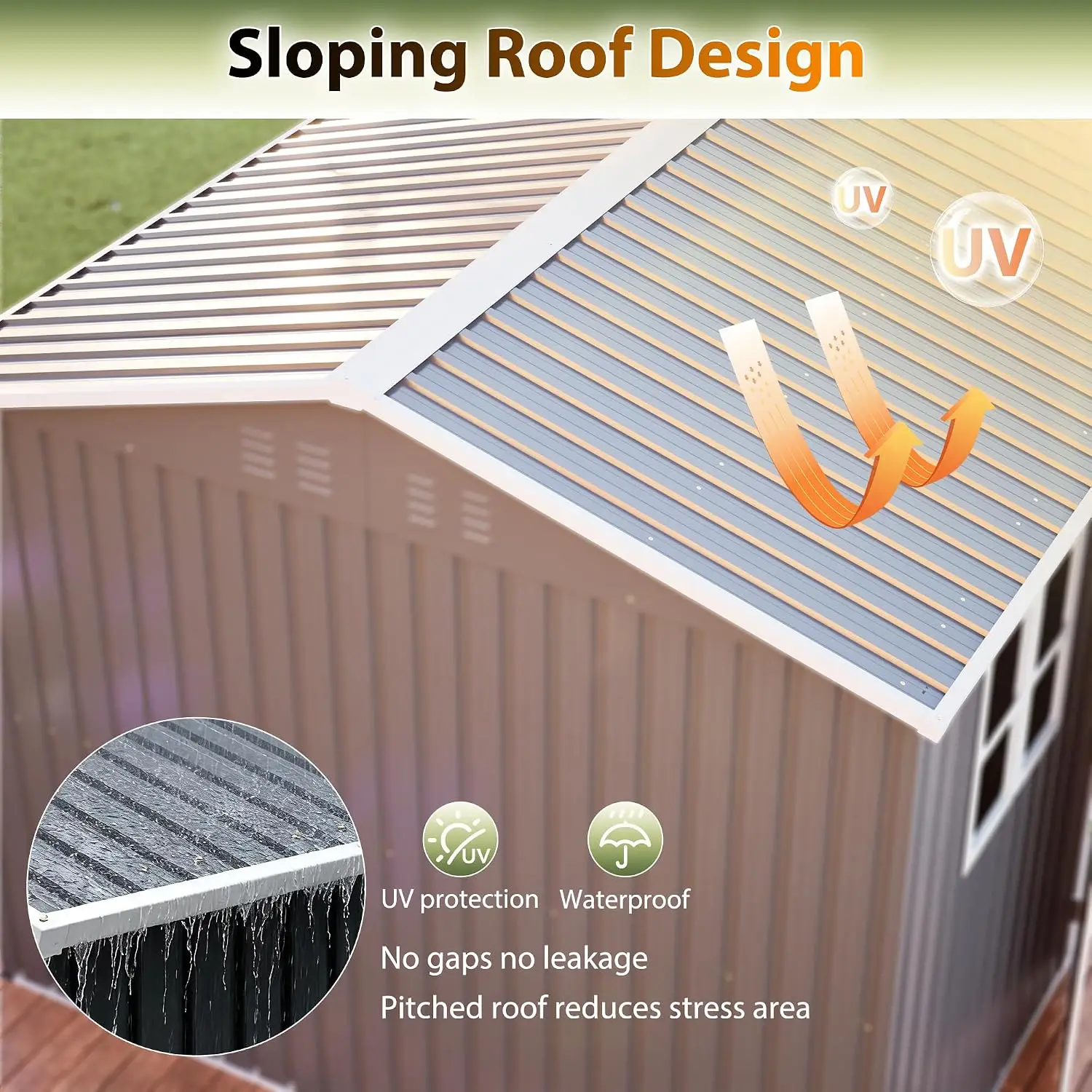 10x8 Outdoor Metal Storage Shed Window Lockable Double Doors Sloped Roof Galvanized Steel, Customized